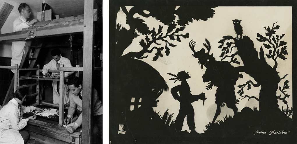 Carl Koch works above Lotte Reiniger in their studio with colleagues (UFA Publicity Photograph) and promotional still from Lotte Reiniger’s '[Prinz] Harlekin' (Vereinigte Star-Film publicity photo).