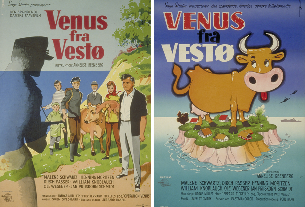 Venus fra Vestø (Operation Venus, Annelise Reenberg, DK, 1962). Posters from left: Unknown and Aage Lundvald. Archive: Danish Film Institute.